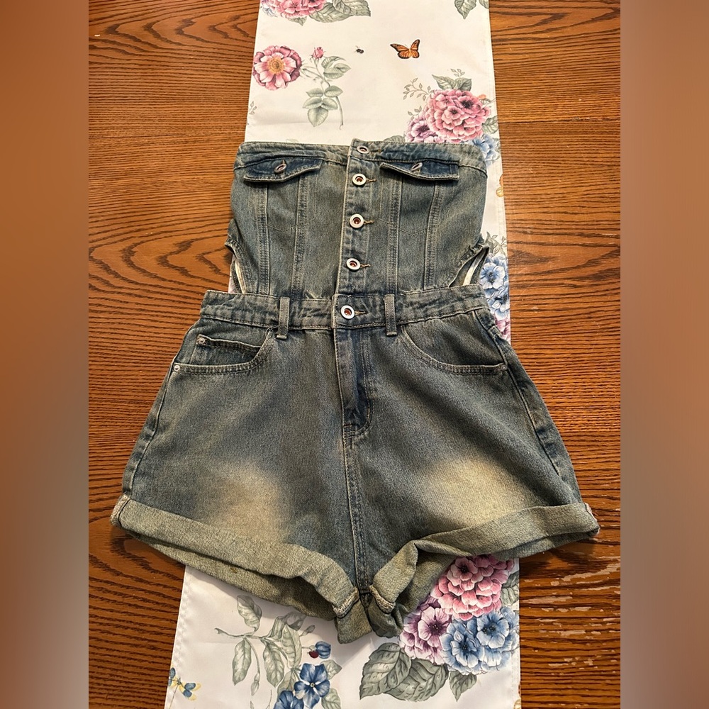 charming bunny, Jean strapless romper